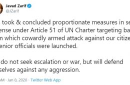 توئیت دکتر ظریف پس اقدام تلافی جویانه و دفاعی ایران طبق منشور ملل متحد